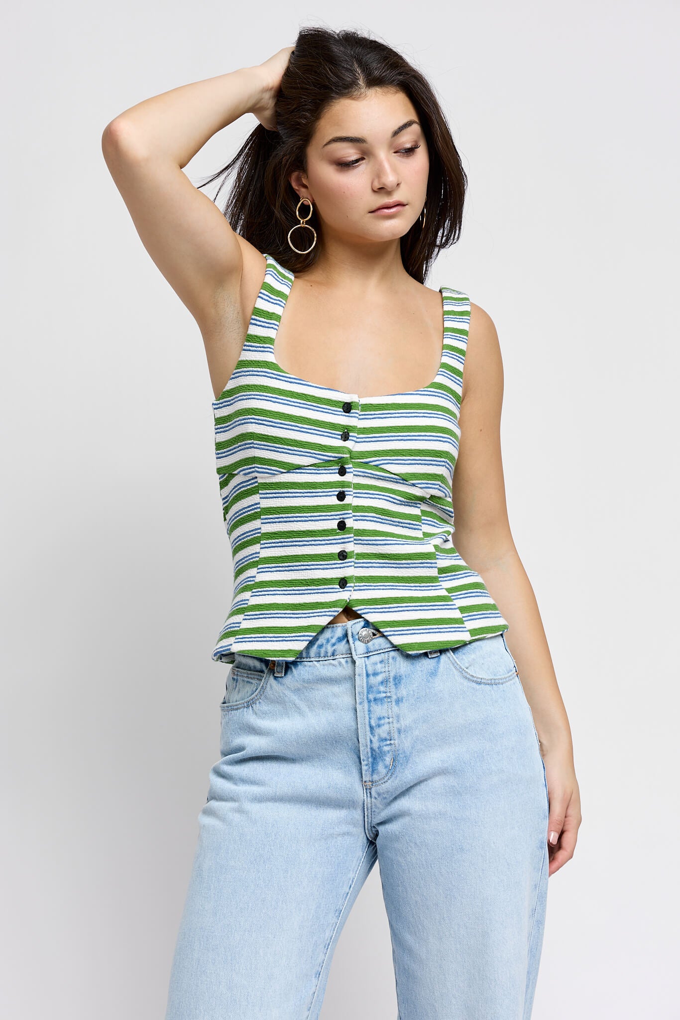 Womens horizontal striped tank with wide straps and button along front