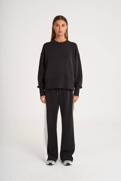 ALLFENIX Soft Luxury Contrast Wide Leg Track Pant in black