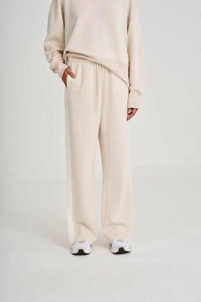 ALLFENIX Soft Luxury Contrast Wide Leg Track Pant in stone