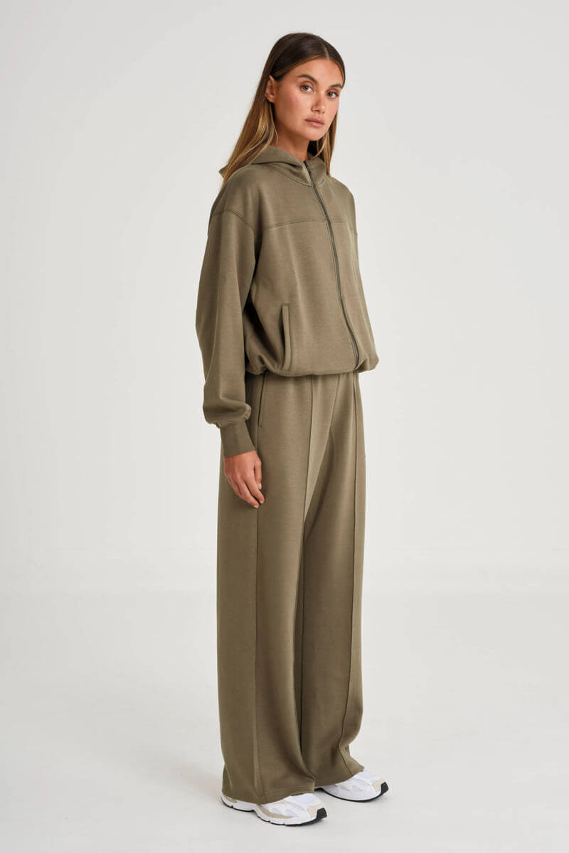 ALLFENIX Soft Luxury Wide Leg Track Pant in olive