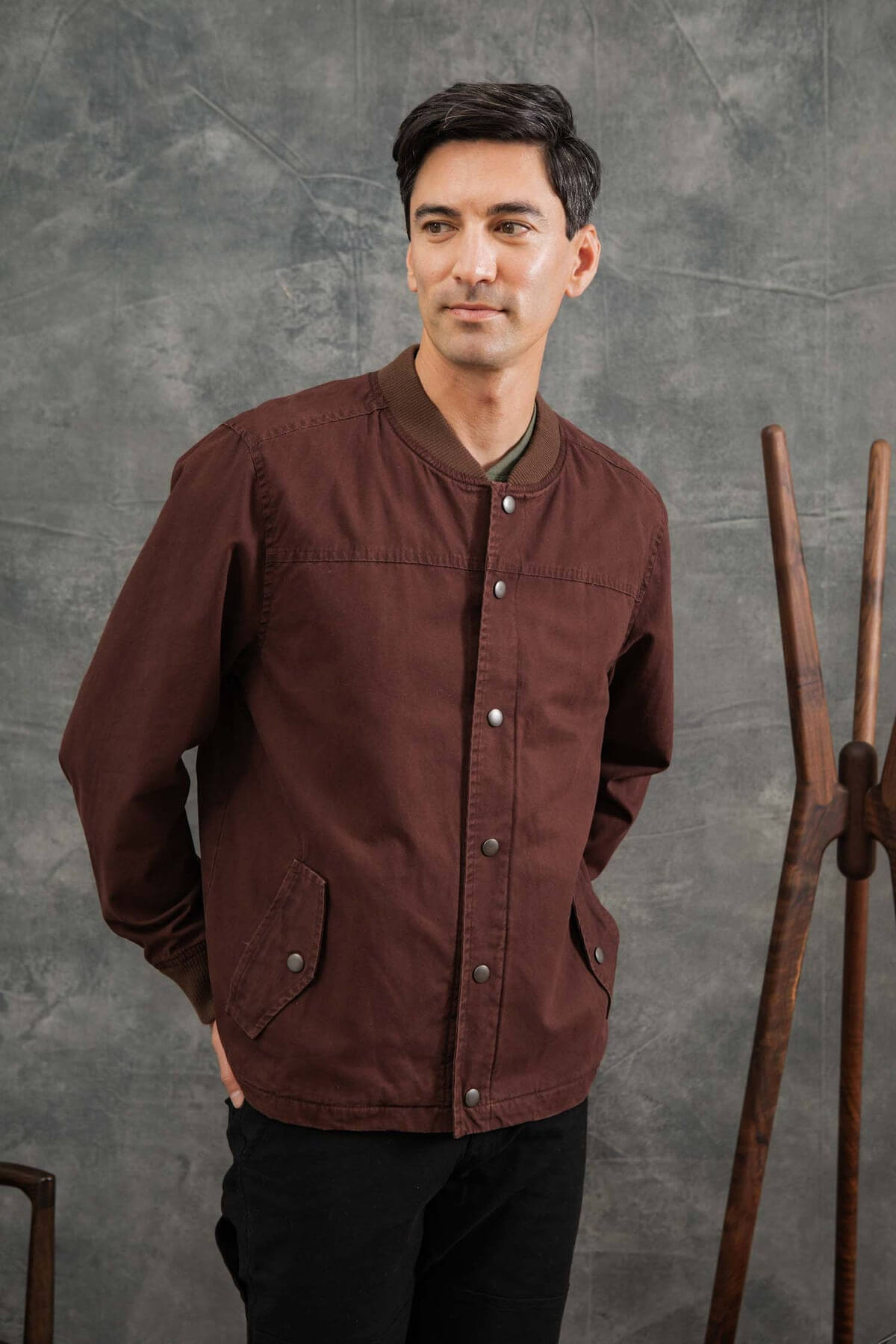 Bridge and Burn Austen Varsity Jacket in mahogany canvas