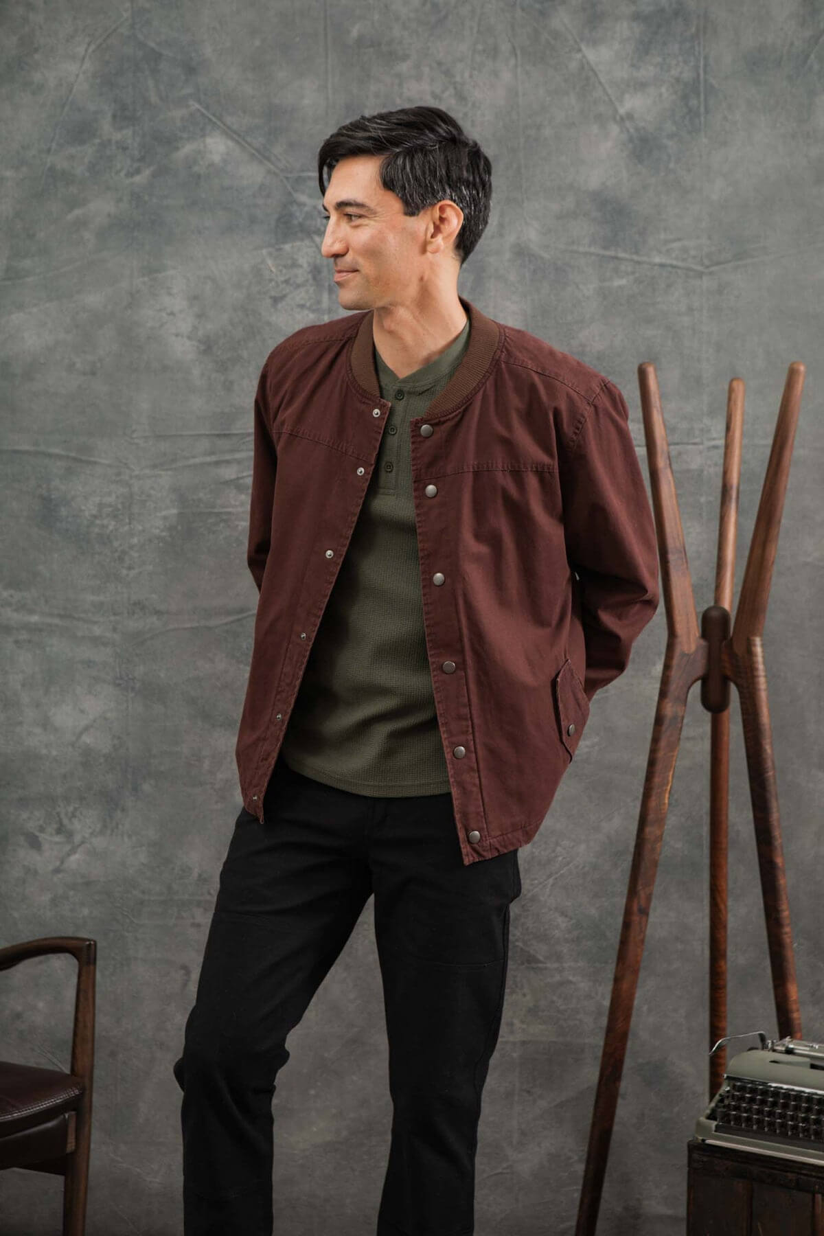 Bridge and Burn Austen Varsity Jacket in mahogany canvas