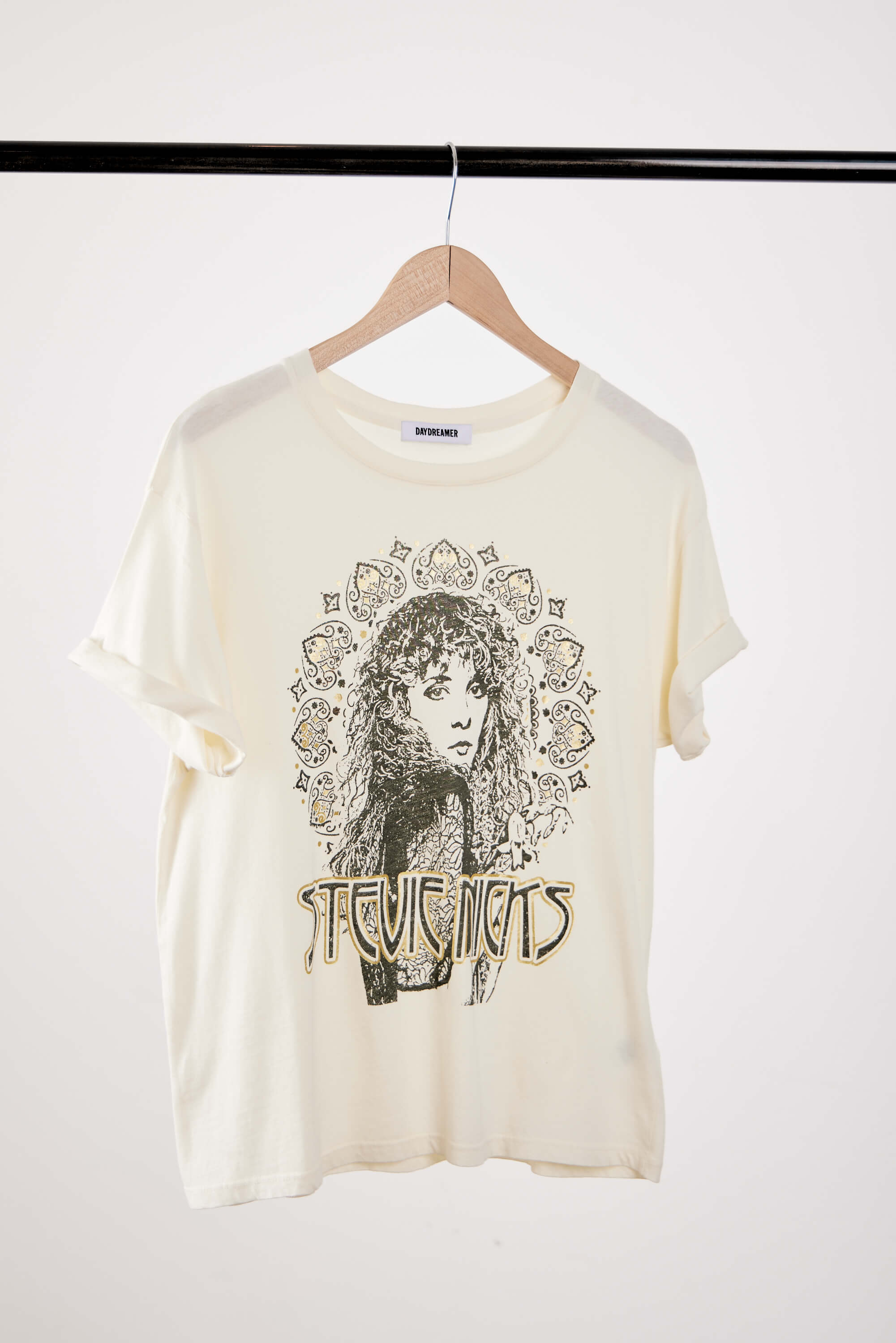 White stevie nicks short sleeve graphic band tee with gold accents