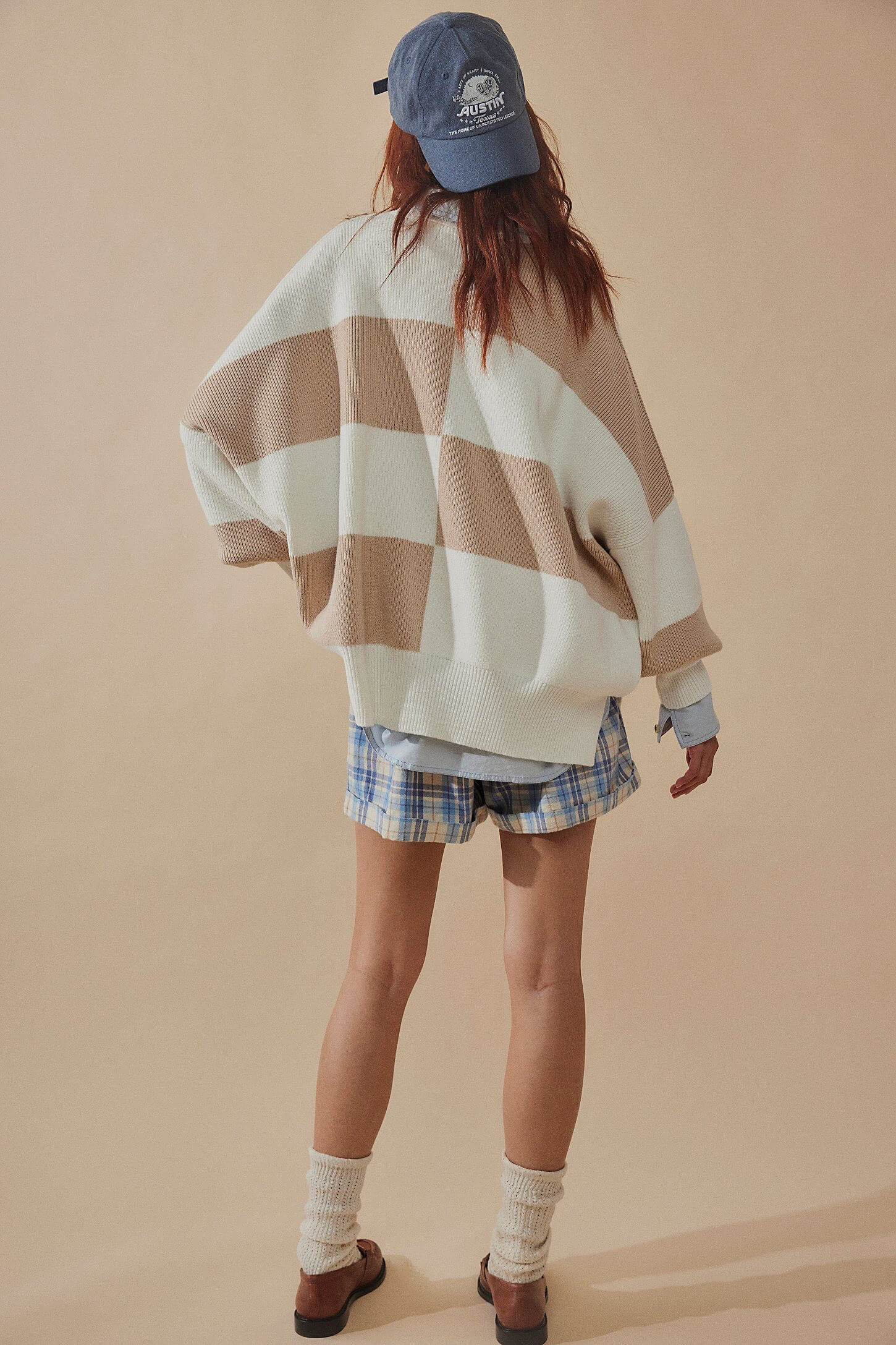 Free People easy street checkered pullover in white sand combo