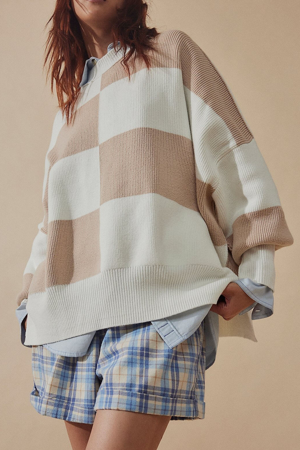 Free People easy street checkered pullover in white sand combo