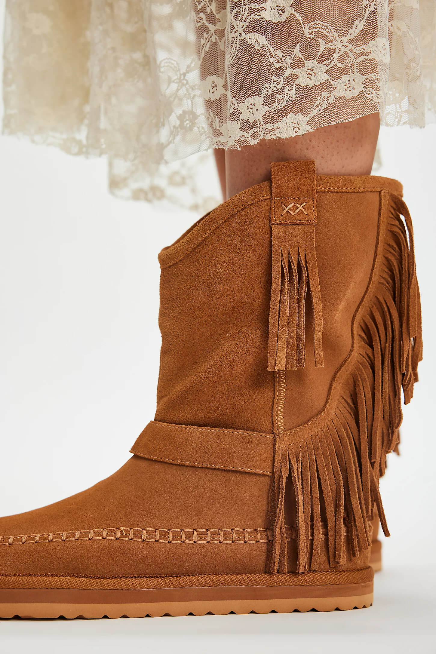 Free People Faye Fringe Pull On Boots in toffee