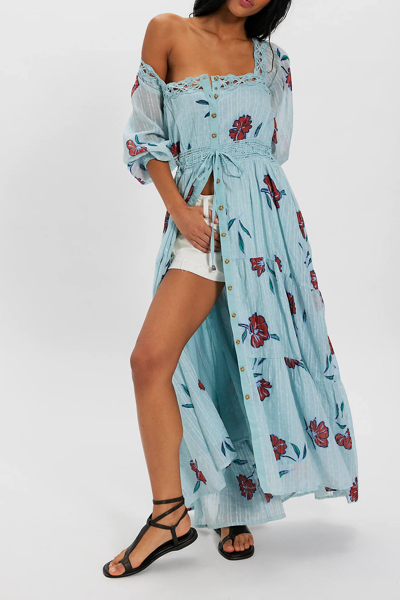 Free People Morning Meadows Long Sleeve Dress in pastel blue combo