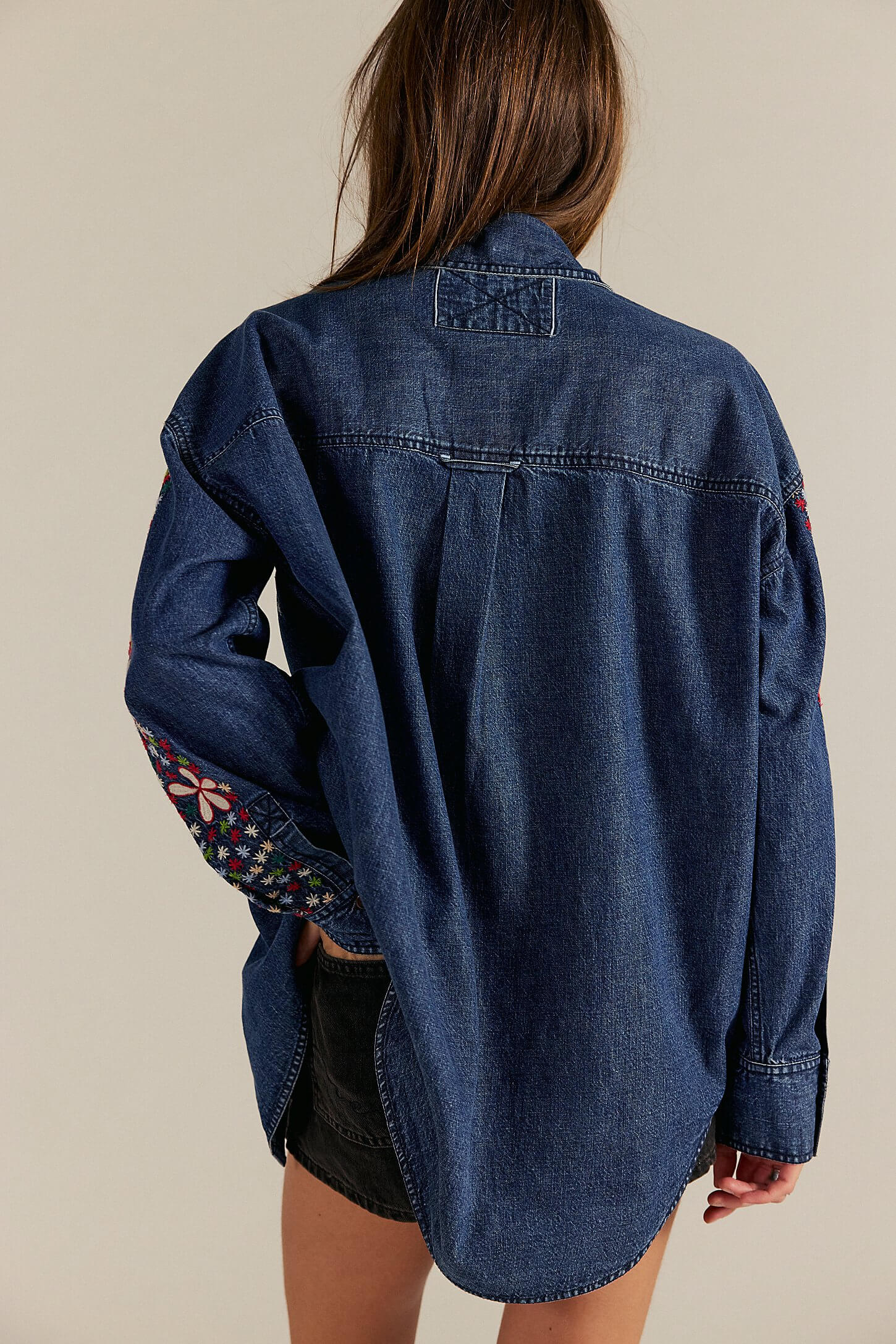 Free People Rainbow Embroidered Shirt in rinse wash