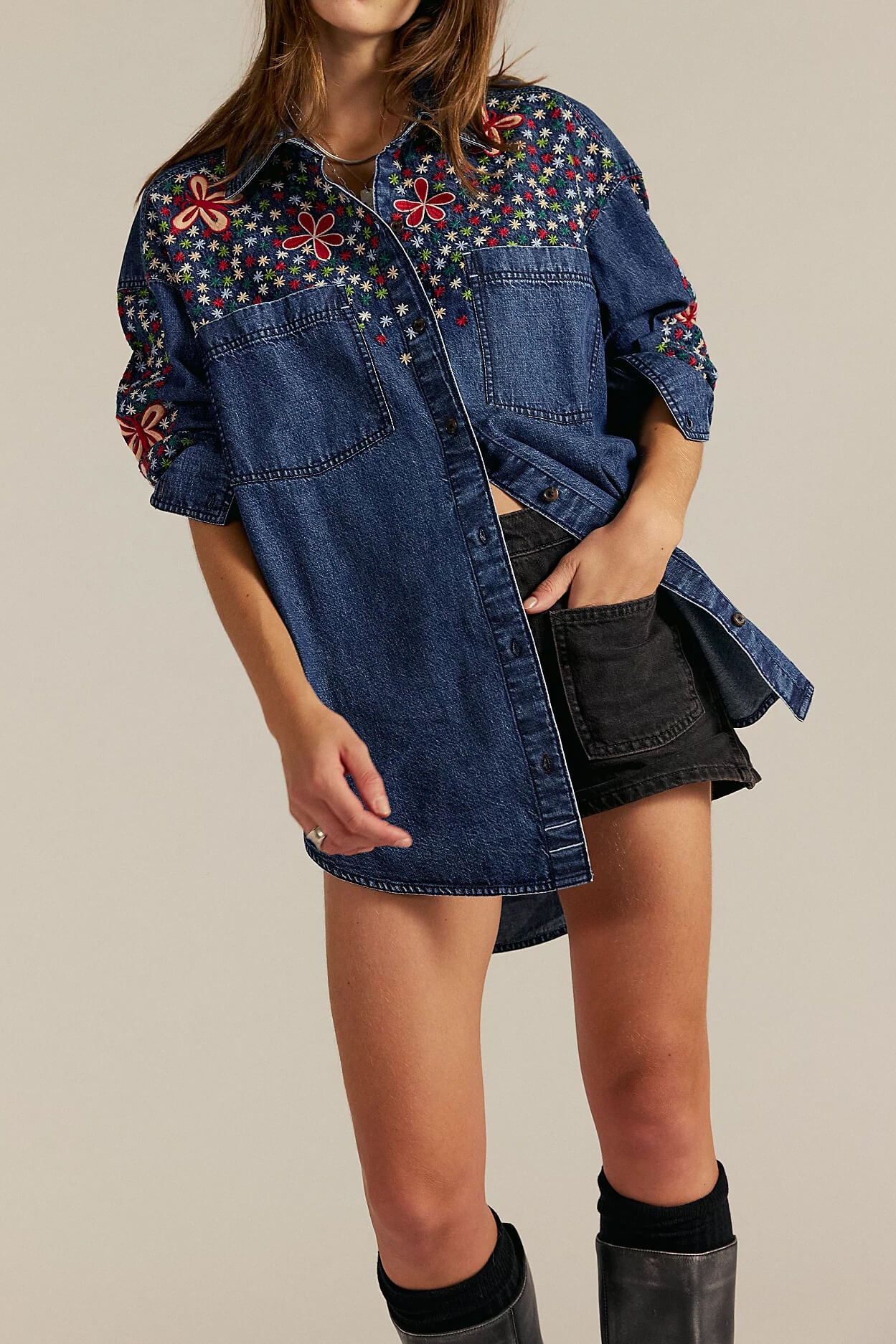 Free People Rainbow Embroidered Shirt in rinse wash