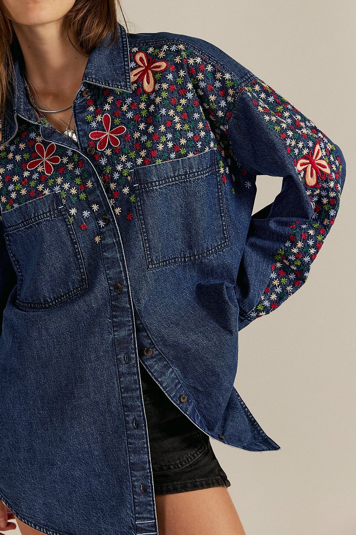 Free People Rainbow Embroidered Shirt in rinse wash