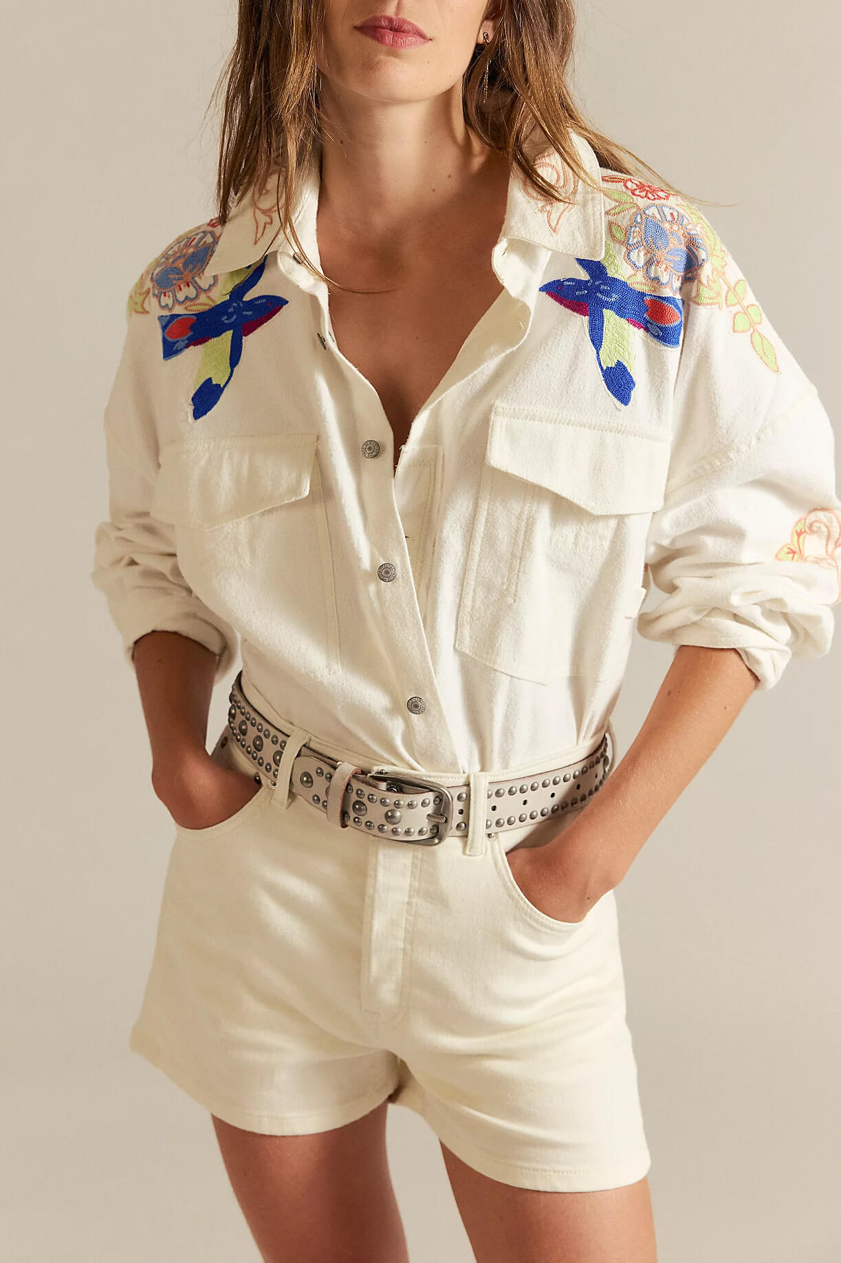 Free People Take Flight Embroidered Shirt in snow drift combo