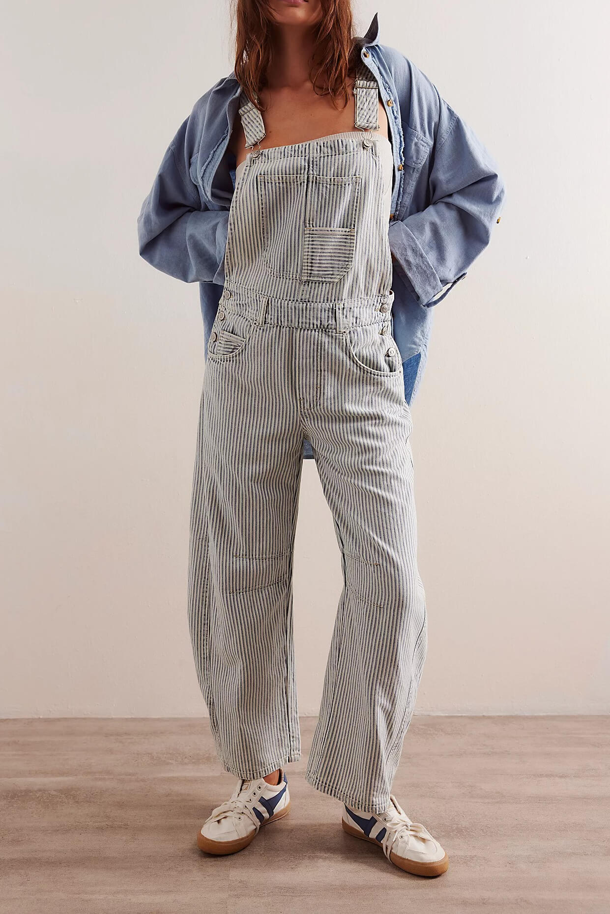 Free People Good Luck stripe overall in indigo railroad