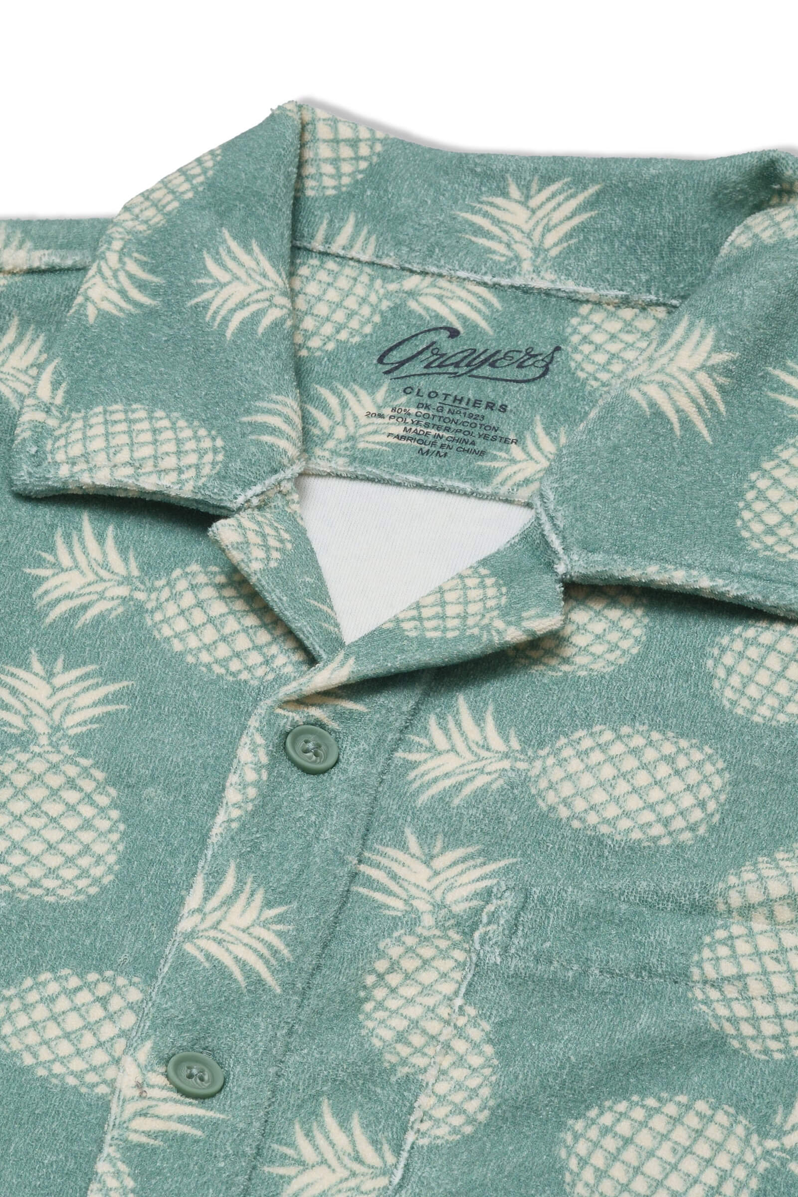 Grayers Riviera terry button front shirt in celadon pineapple