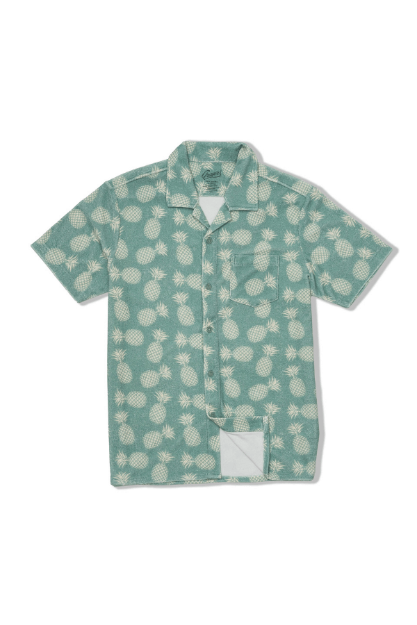 Grayers Riviera terry button front shirt in celadon pineapple