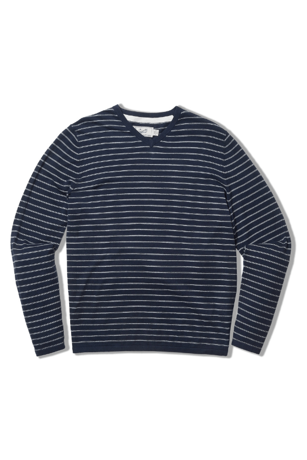 Grayers stripe v neck linen sweater in navy stripe