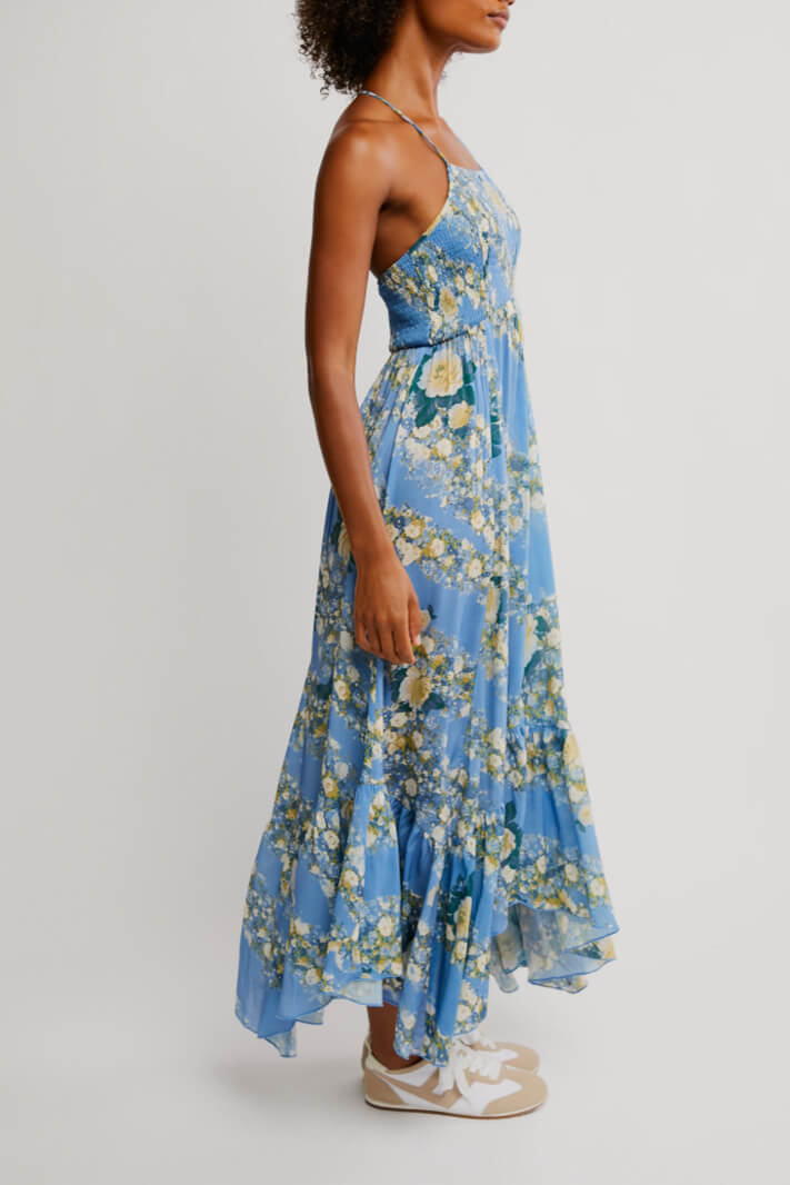  Free People heat wave printed maxi in allure blue combo