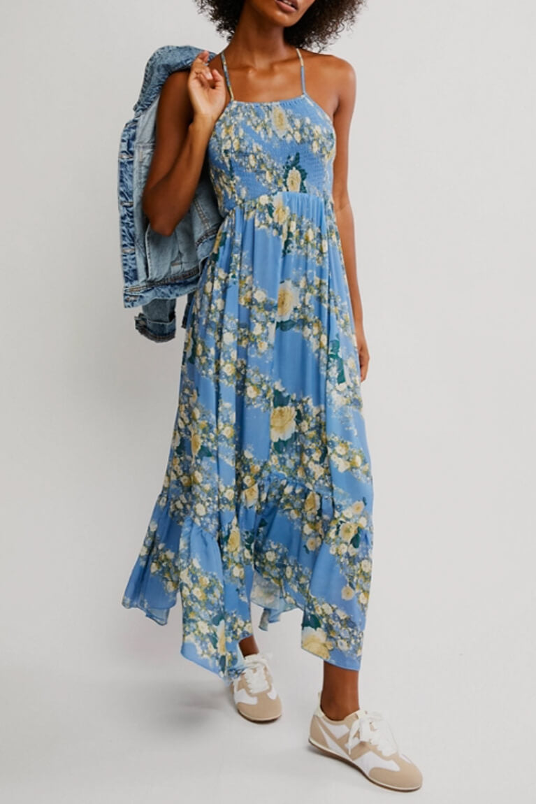 Free People heat wave printed maxi in allure blue combo