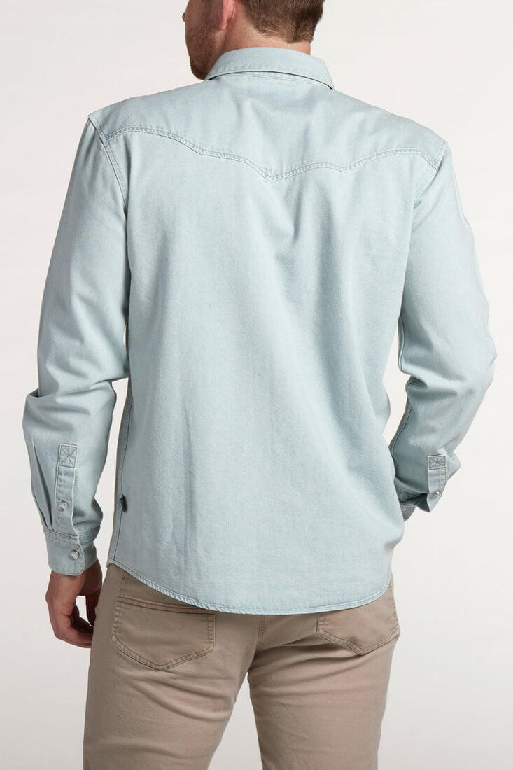 Howler Bros Dust Up Denim Snapshirt in light wash