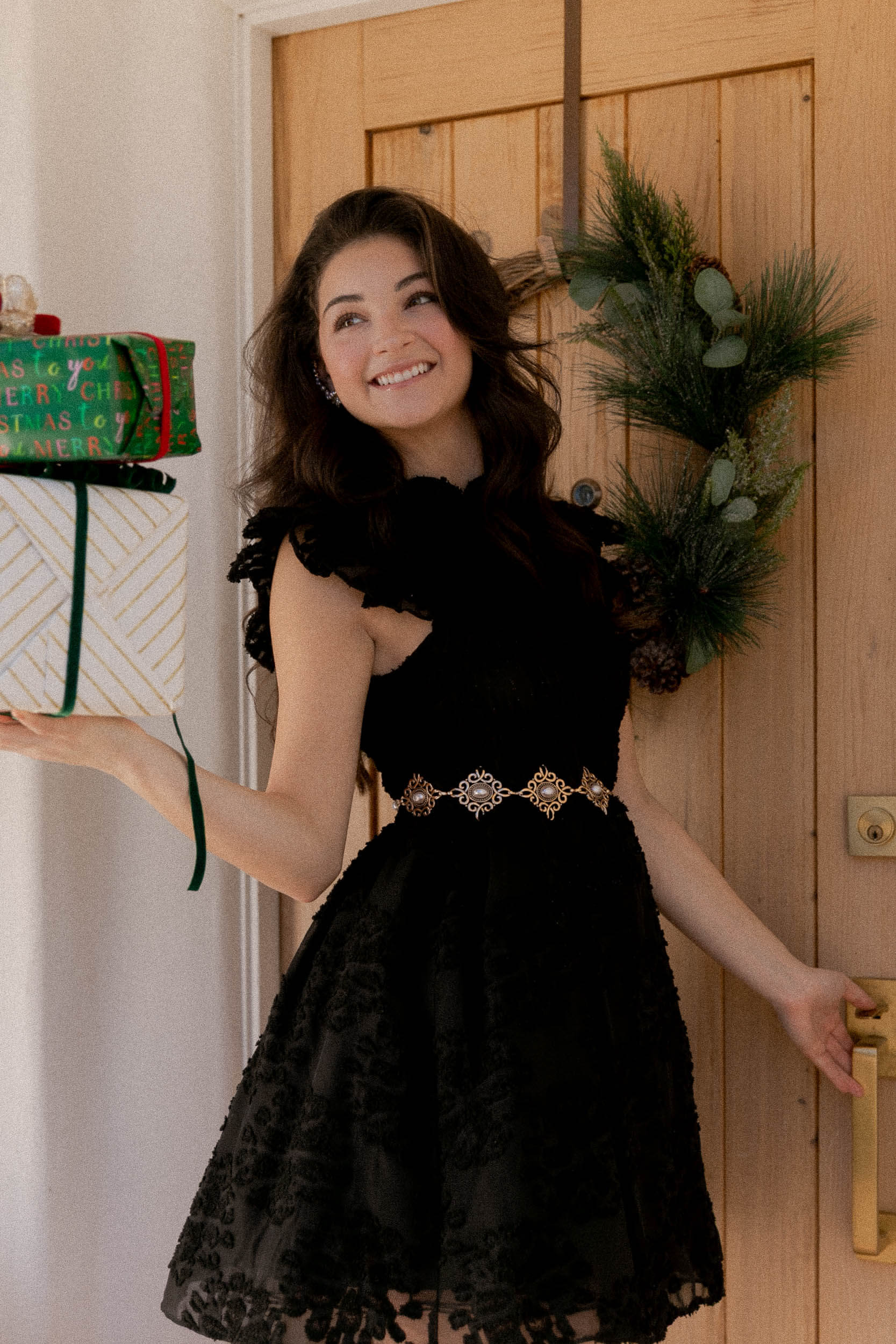 Women's black dress with black floral pattern