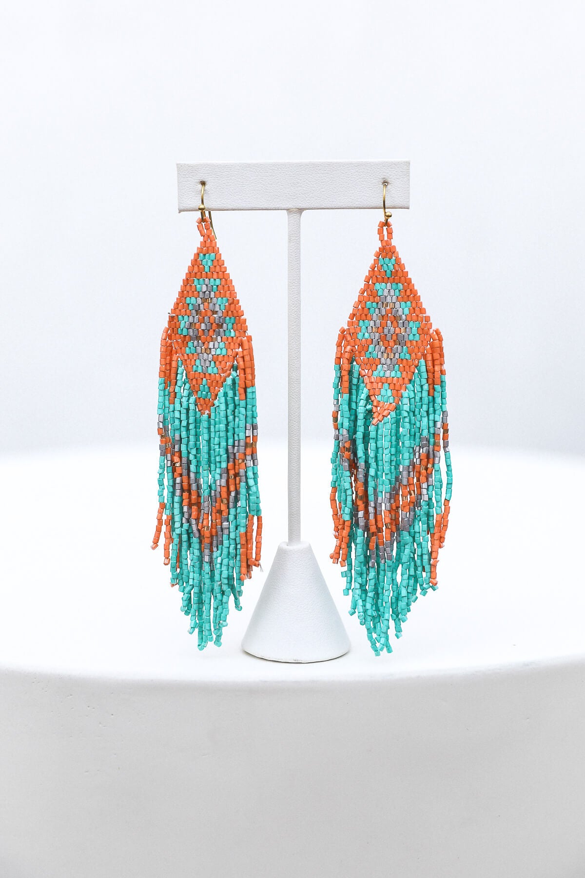 Womens orange and teal beaded earrings