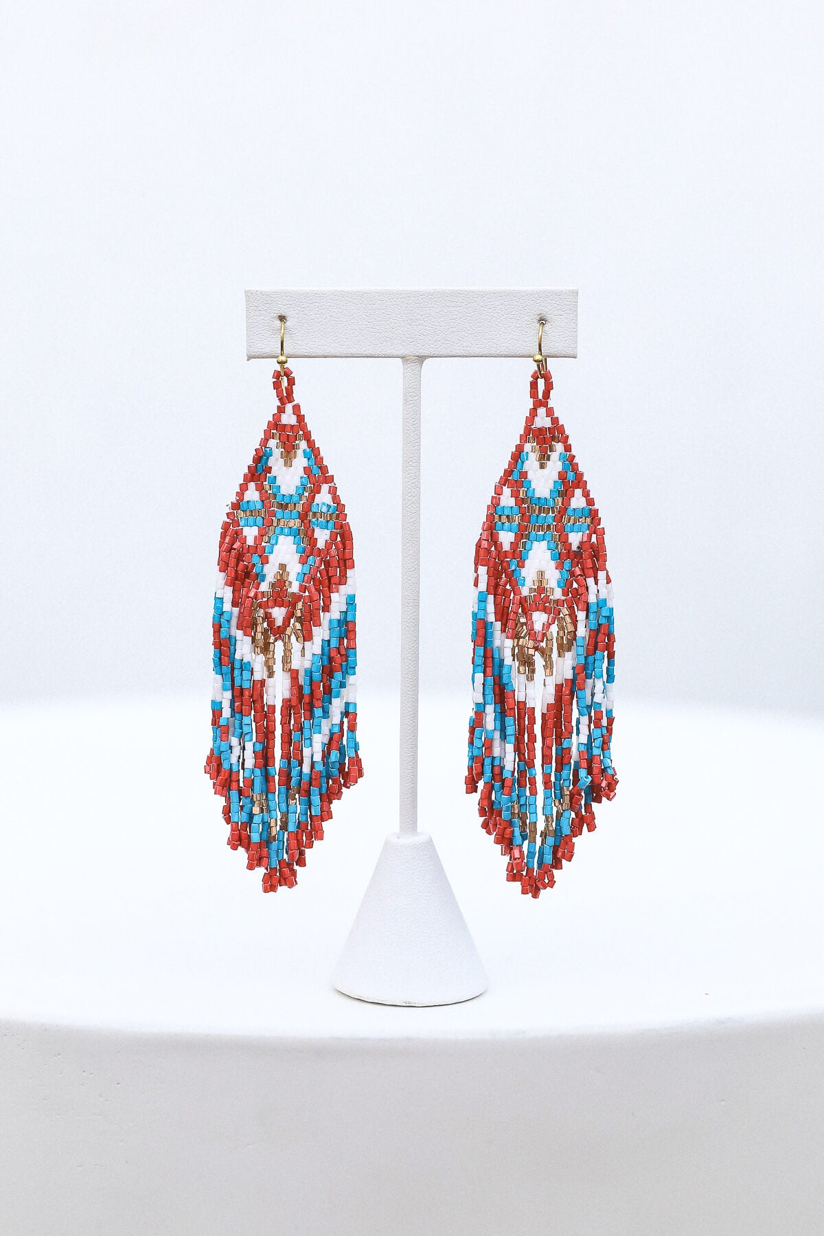 Womens red white and blue beaded earrings