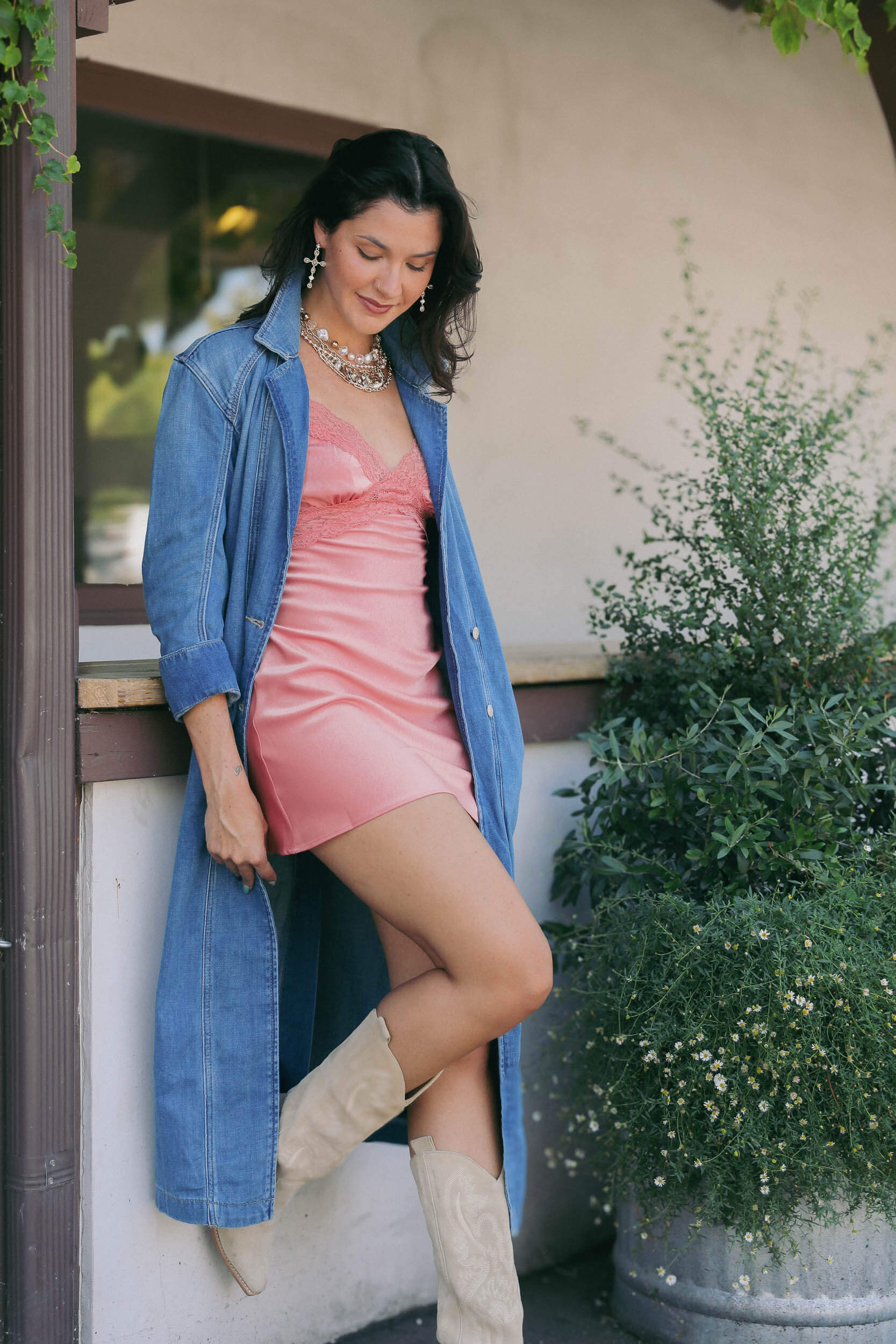 Womens blue long denim duster with collar