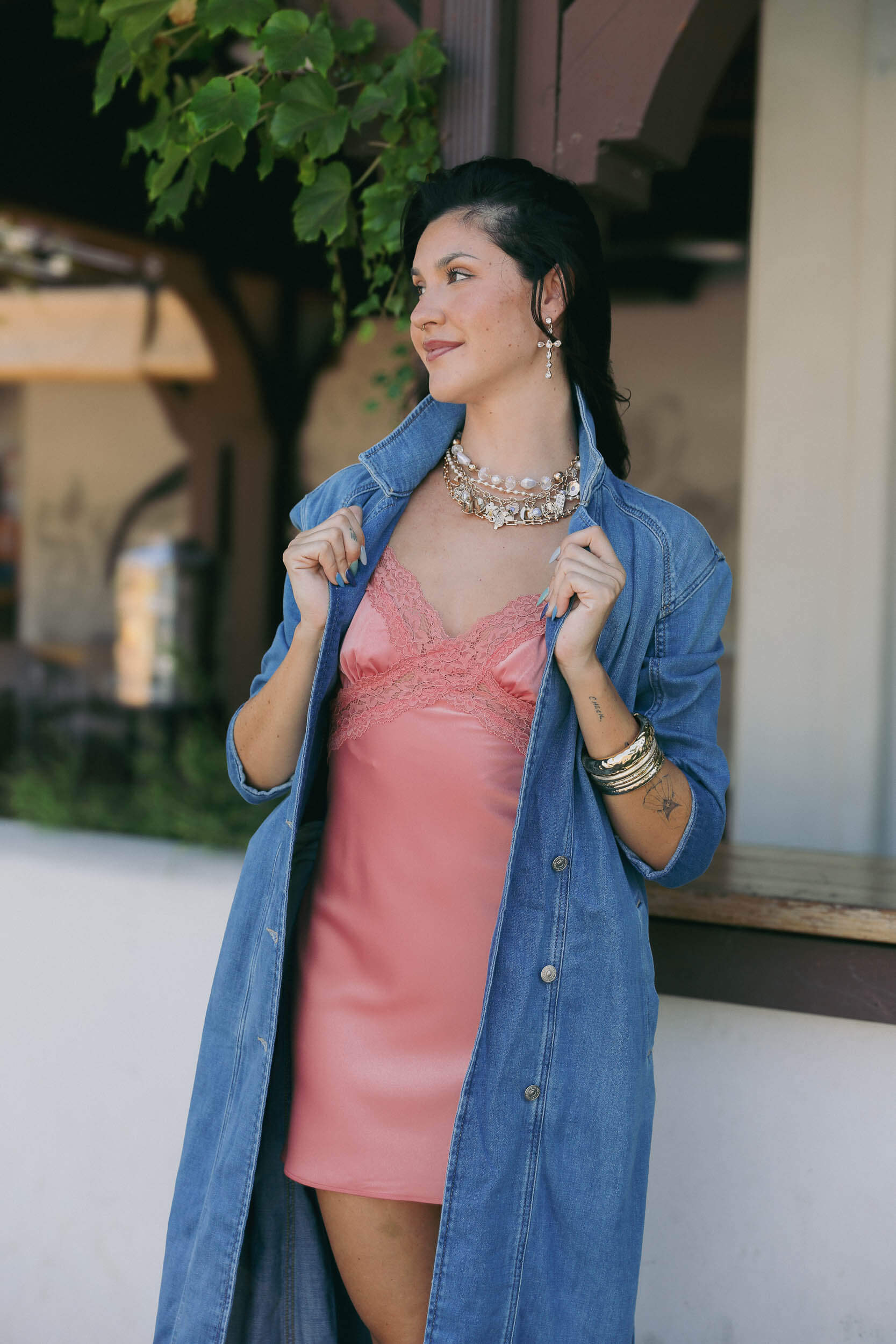 Womens denim duster with optional buttons