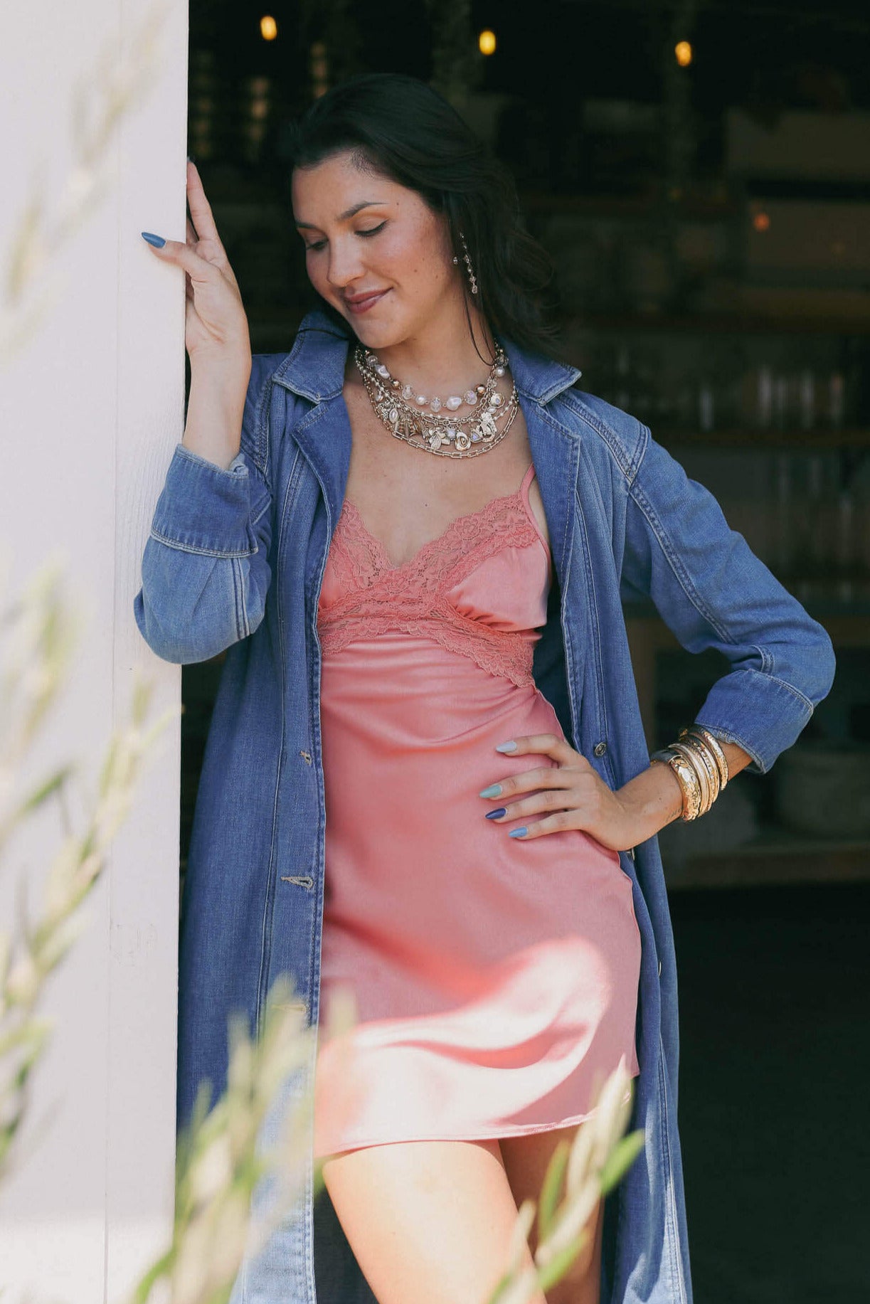 Womens pink silty sutry mini slip dress with lace detailing
