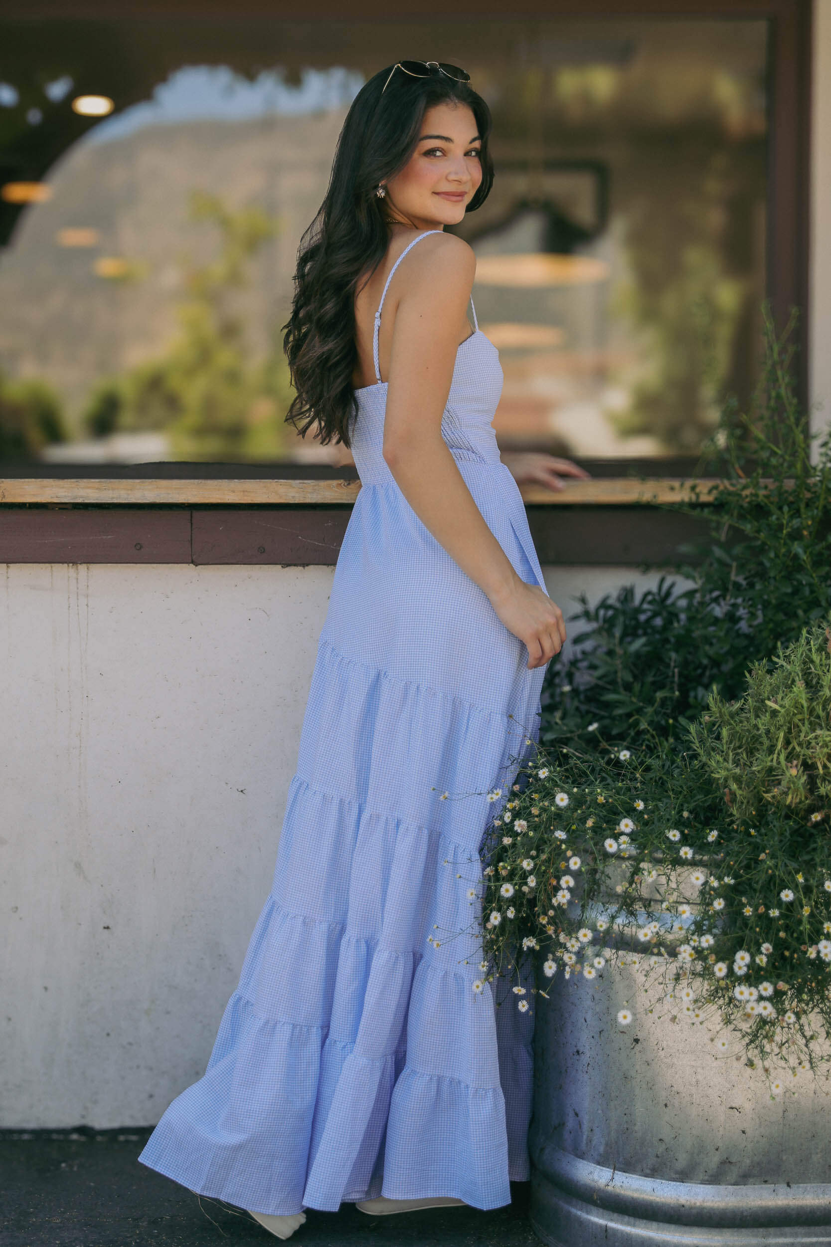 Womens blue gingham maxi dress with pockets and adjustable spaghetti straps