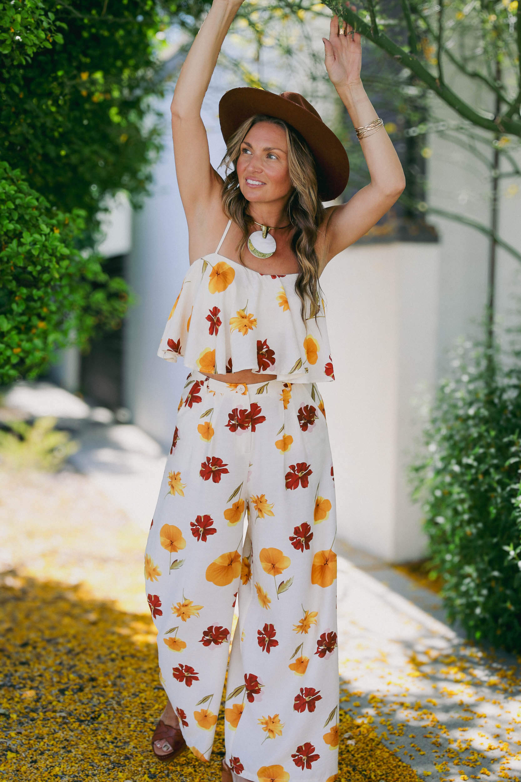 Womens ivory crop top and wide leg pant floral print set 