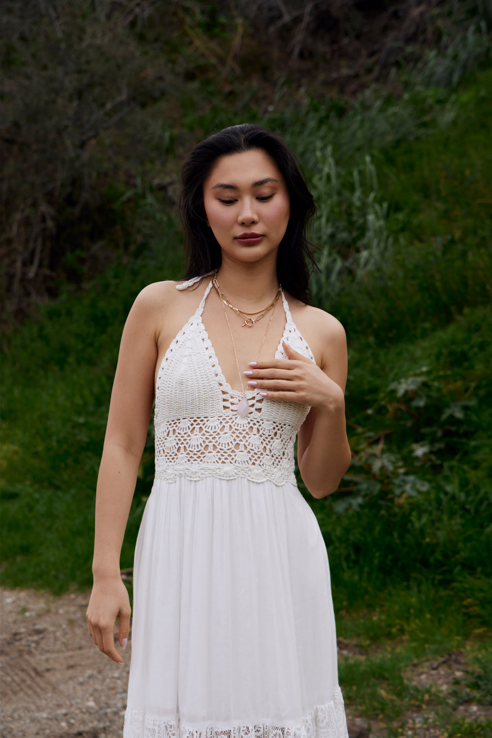 Women's white crochet halter top maxi dress