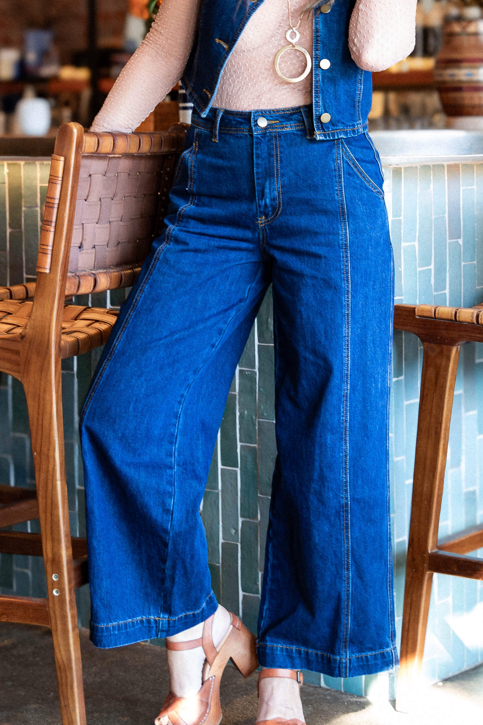 Womens retro blue wide leg jeans