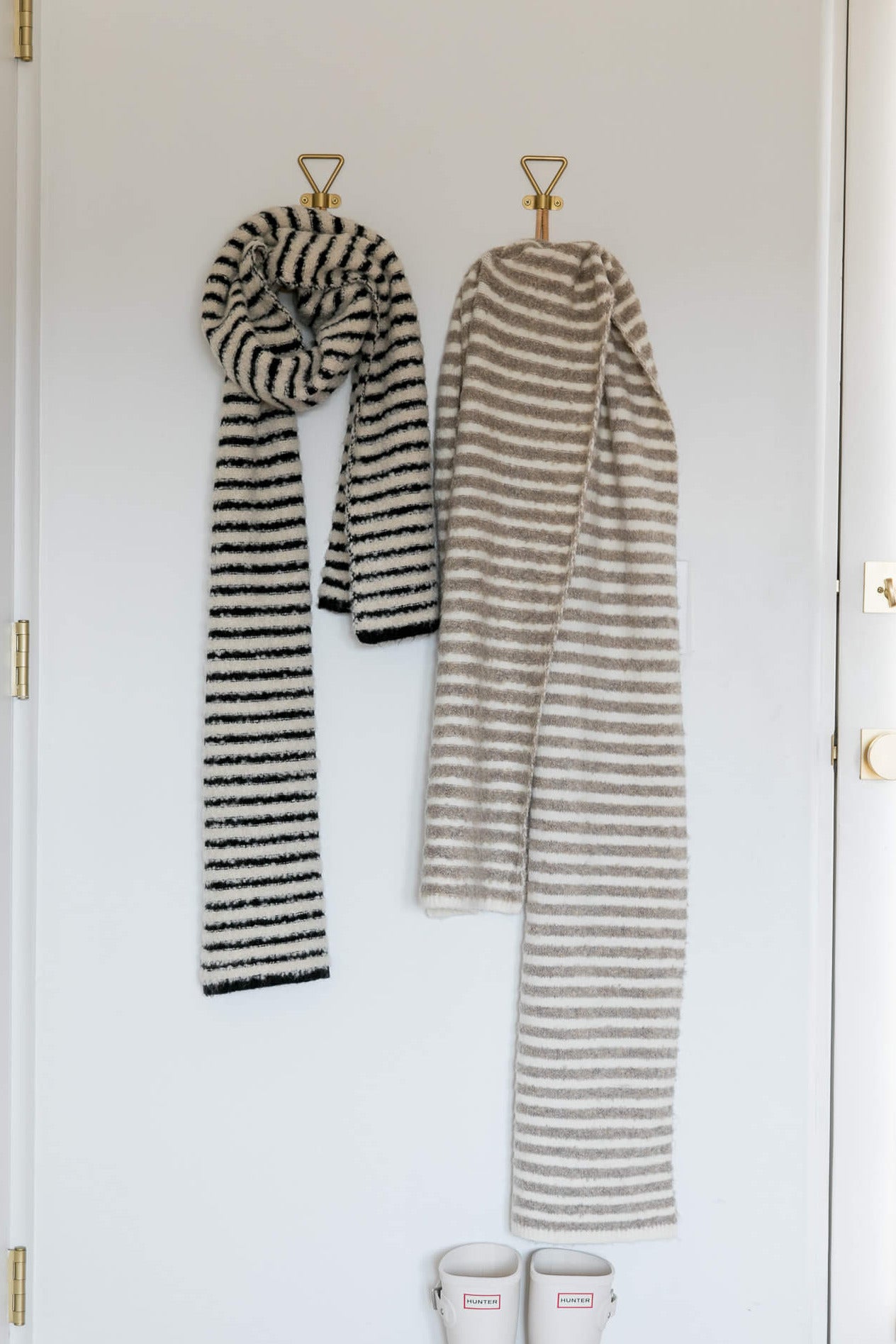 Womens soft striped scarf in black and taupe with ivory