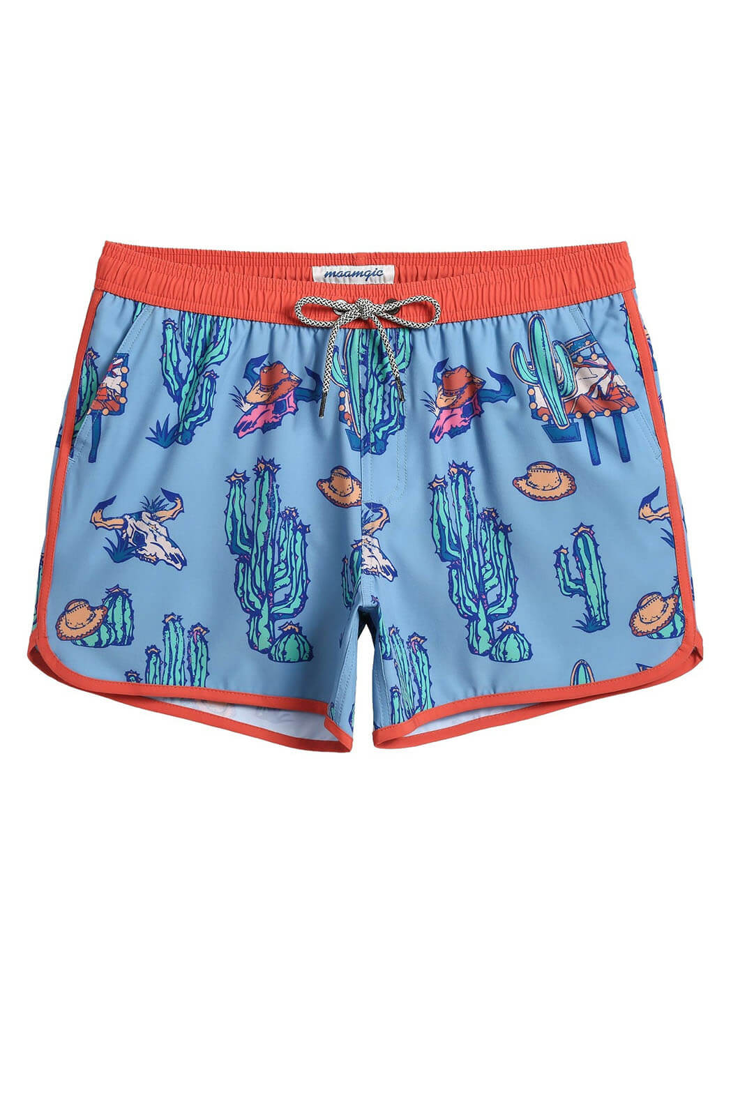 Maamgic vintage stretch trunks in red dead. Bold patterns, quick dry fabric, and a classic fit are just a few reasons we love Maamgic's swim trunks. The Vintage Trunks feature a 4.5 inch inseam, an elastic waist band with drawstring, 3 pockets, and a stretch mesh liner.