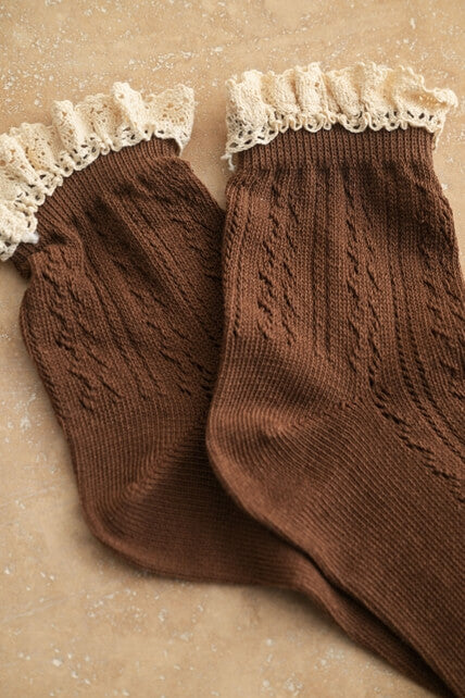 Miou Muse Pointelle Ruffle Socks in mocha