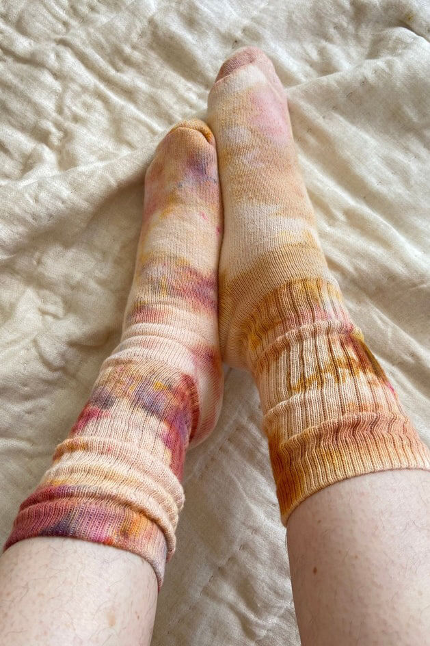 Mira Blackman hand dyed crew socks in desert sunset