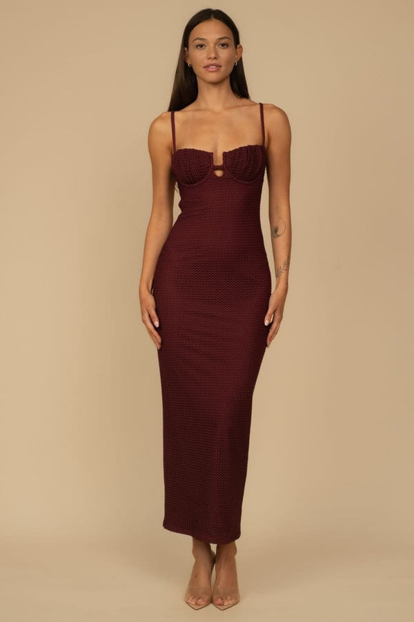 Montce Petal Long Slip Dress in maroon crochet