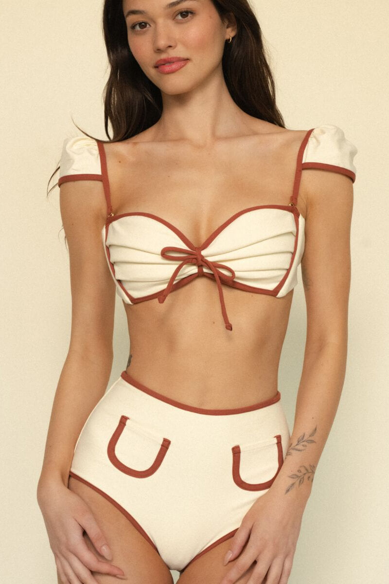 Montce Swim cabana bows bikini top in oat terracotta