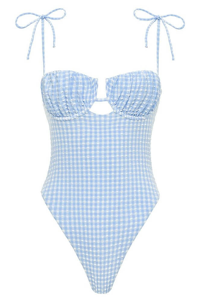 Montce Swim petal one piece in peri micro gingham