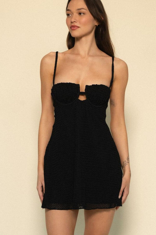 Montce Swim Petal Short Slip Dress in black crochet