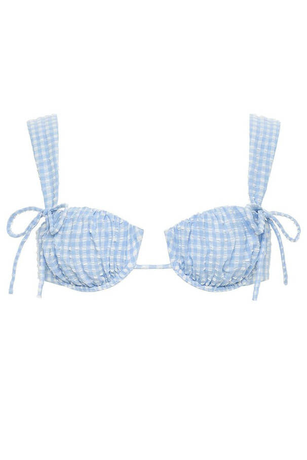 Montce Swim petal top in peri micro gingham