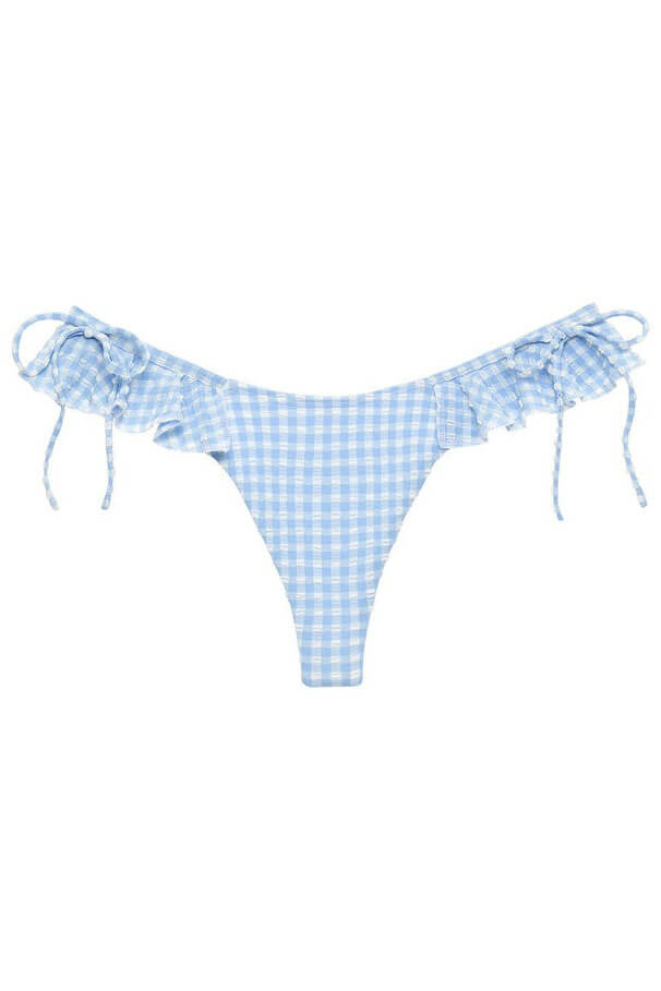 Montce Swim uno ruffle bow bottom in peri micro gingham