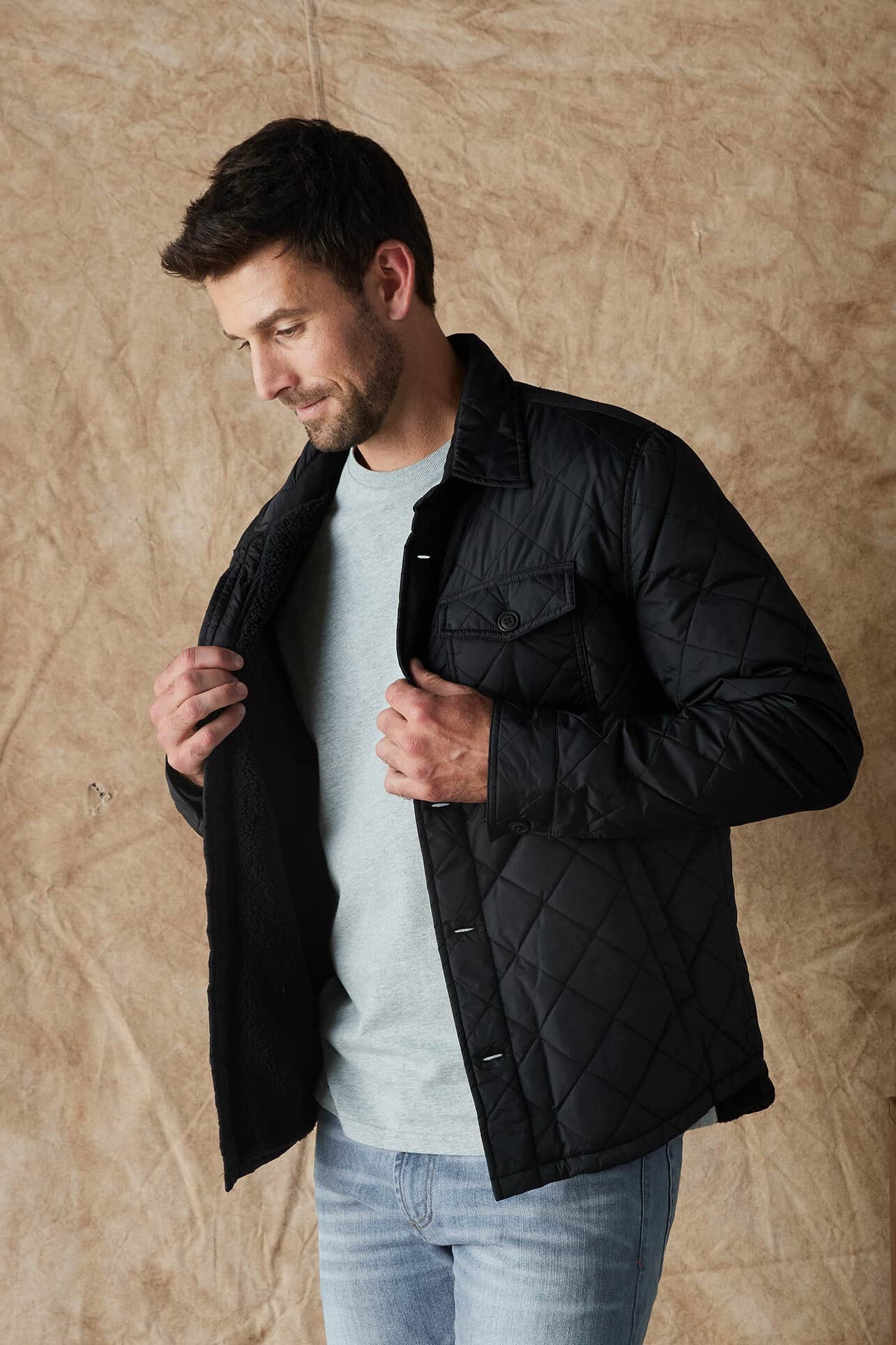 quilted sherpa shacket black