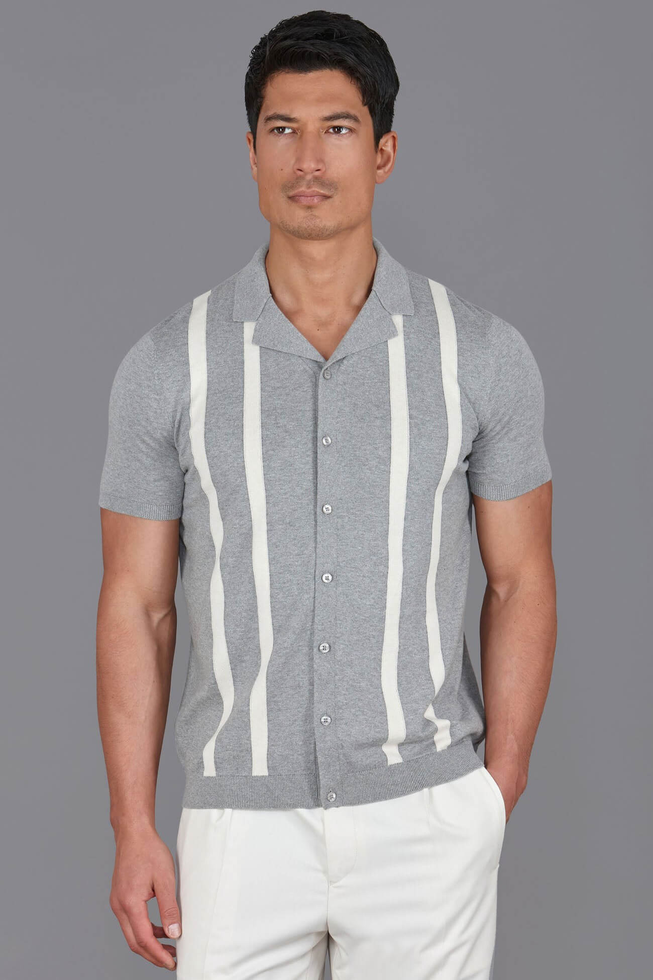 Payl James cotton cuban striped shirt in ash grey