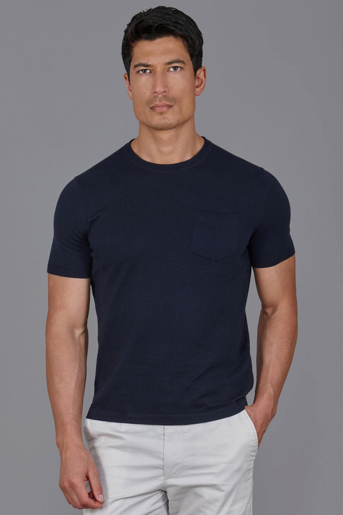 Paul James cotton knitted pocket tee in navy