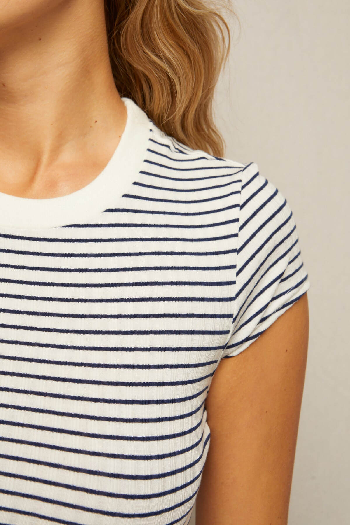 Perfect White Tee Jude Baby Tee in natural navy stripe