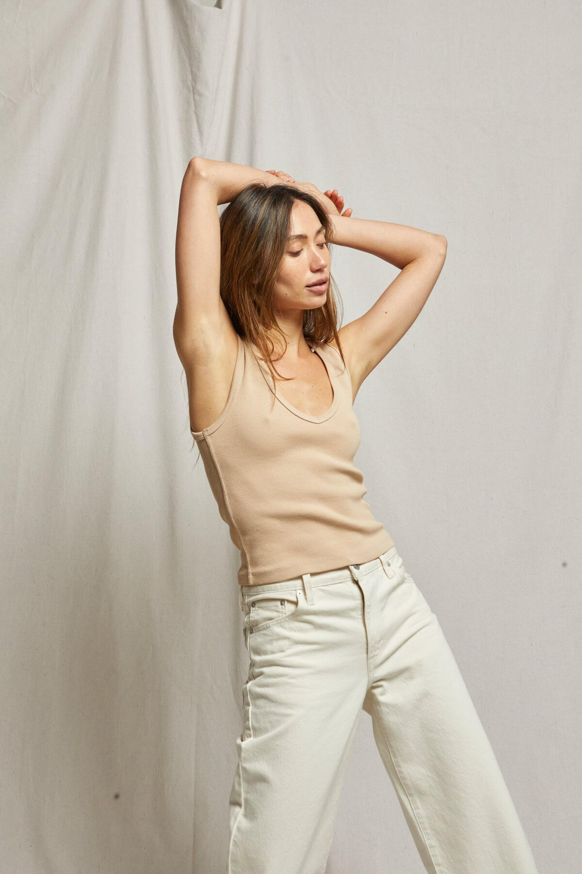 Perfect White Tee Maria v neck tank in sand dune