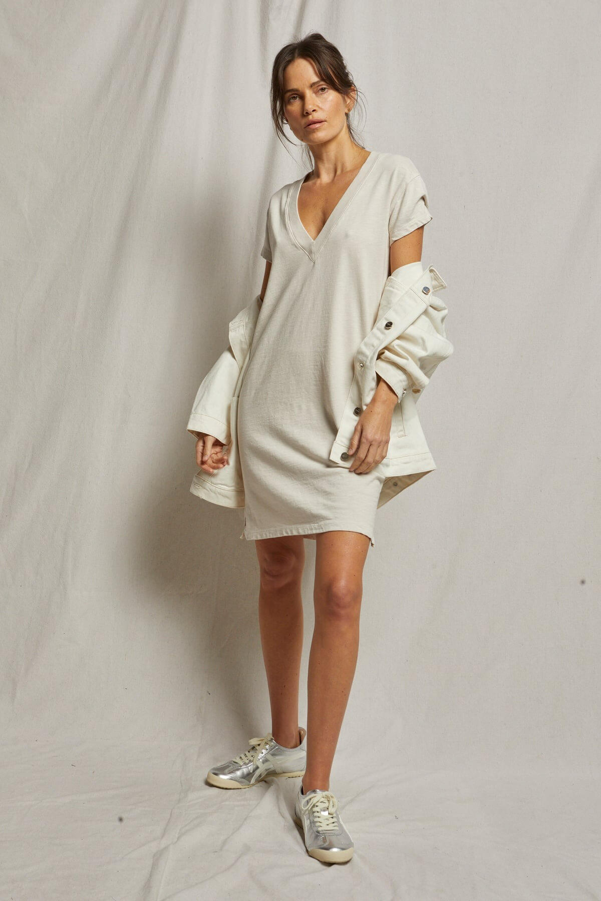 Perfect White Tee Opal jersey v neck dress in sugar