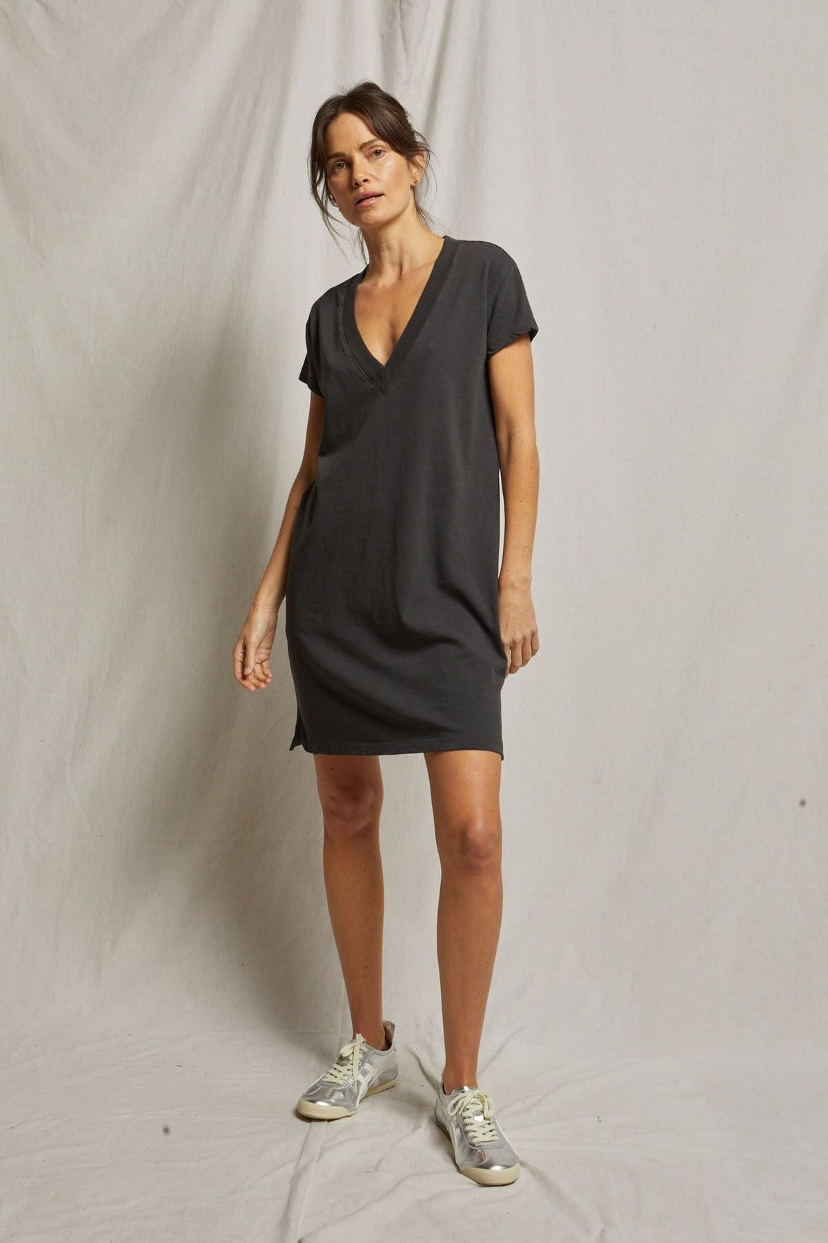 Perfect White Tee Opal jersey v neck dress in vintage black
