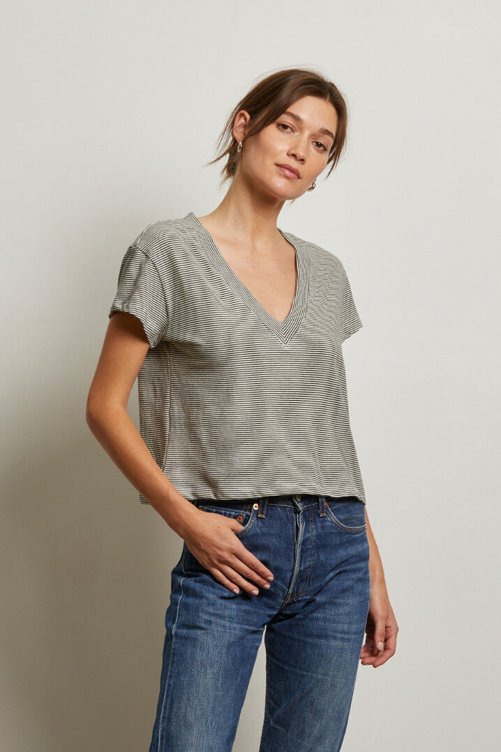 Perfect White Tee Rosie V Neck in ivory and black
